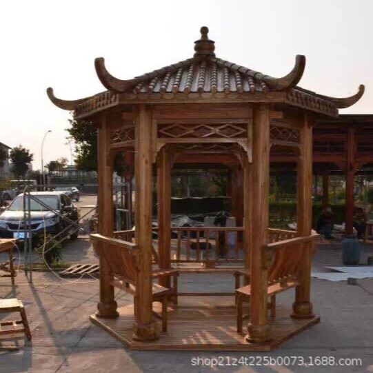 Ancient Hexagonal Pavilion Park Leisure Anti-Corrosion Wood Double-Layer Hexagonal Pavilion Outdoor Courtyard Solid Wood Antique Pavilion Factory