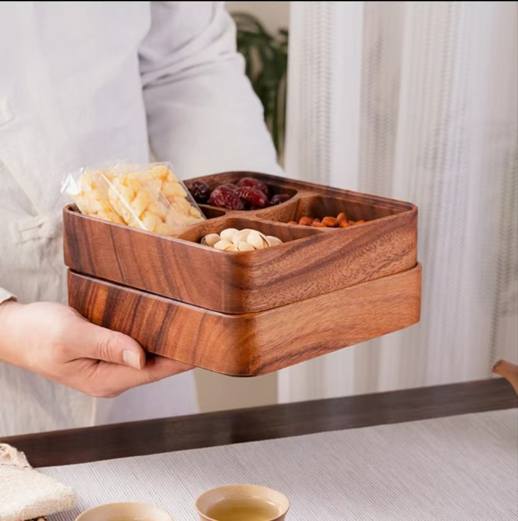 Walnut Fruit Plate Four-compartment Household Wooden Stackable Whole-wood Dried Fruit Food Plate