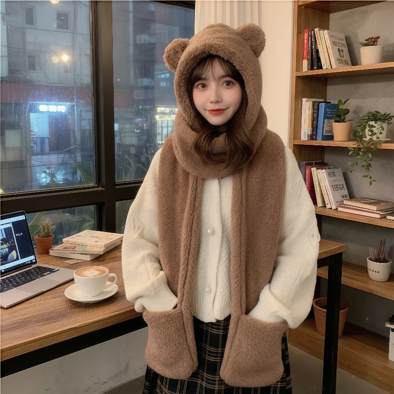 Plush Hat for Women in Autumn and Winter, Windproof, Fleece-Lined, Thickened, Warm for Cycling, Cute Bear Scarf, Gloves, Three-Piece Set, Integrated Hat