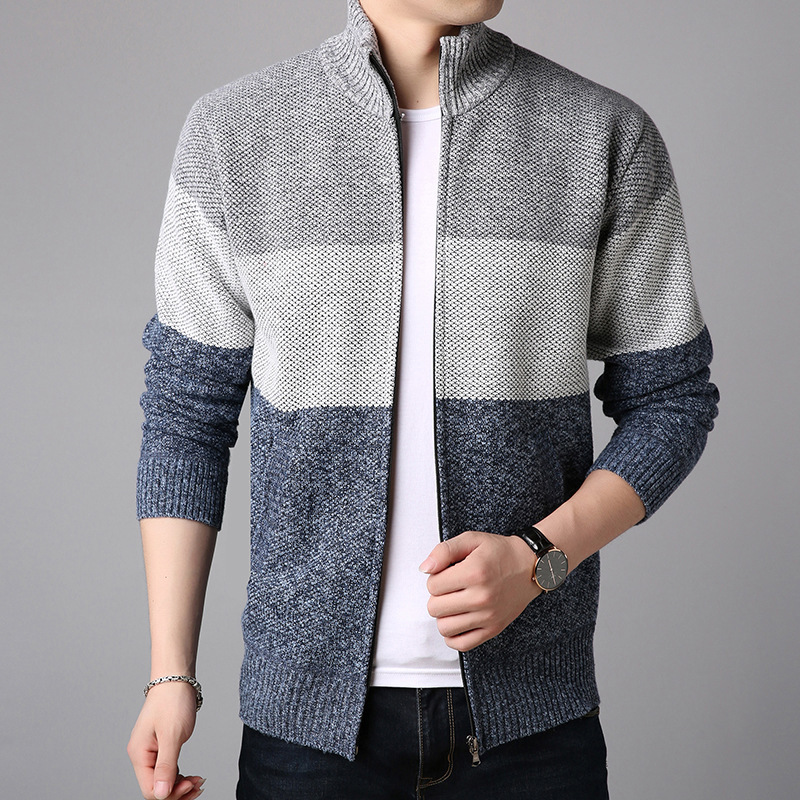 Fleece-Lined Thickened Men's Cardigan Jacket, Loose Oversized Knit Sweater, Color-Blocking Autumn and Winter Trendy Warm Outerwear Men's Clothing