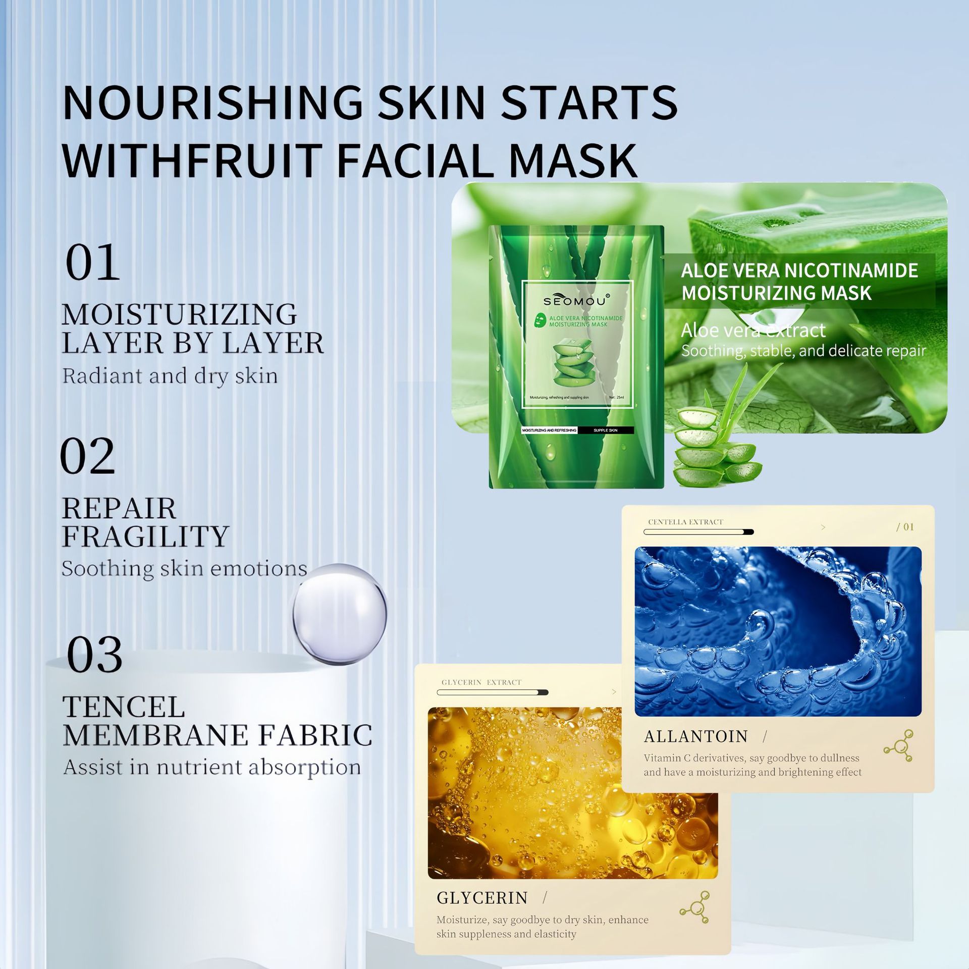 Tablet Aloe Vera Mask Moisturizing, Soothing and Moisturizing Mask Hyaluronic Acid Plant Mask Full English Cross-Border Wholesale