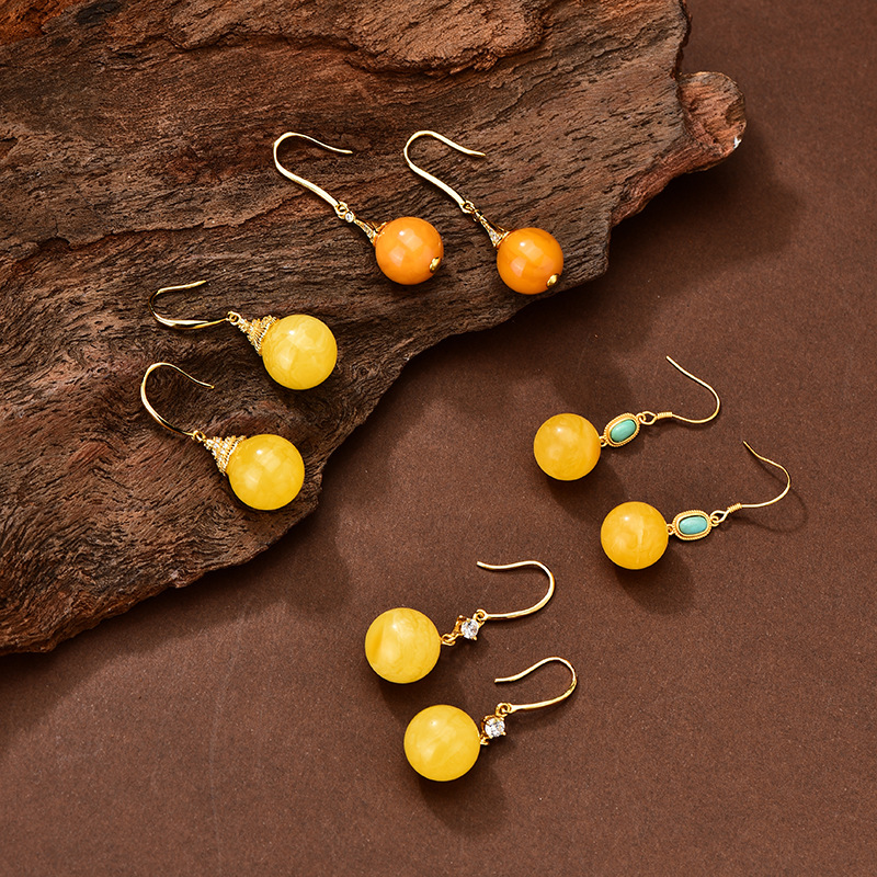 Beeswax Earrings Natural Old Beeswax Earrings 925 Silver Inlaid Butter Yellow Earrings Beeswax Earrings Amber Earrings