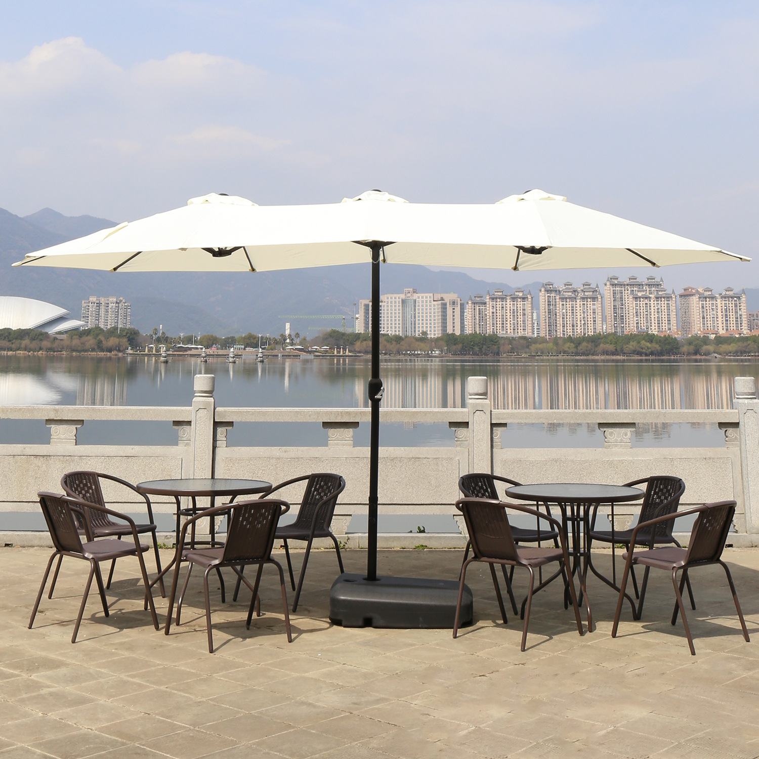 Outdoor Parasol Three-head Umbrella Roman Umbrella Commercial Large Sun Umbrella Rectangular Middle Column Patio Umbrella Outdoor Stall