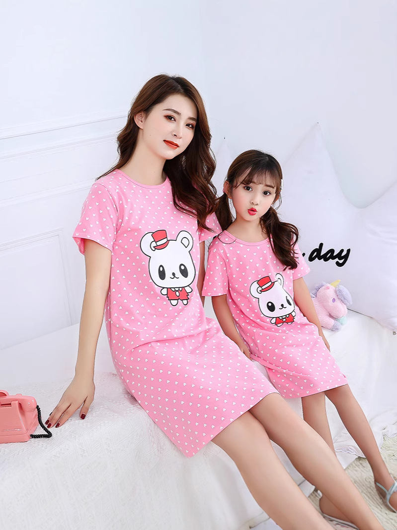 Children's Home Clothes Summer Thin Girl's Little Girl's Cute Cartoon Short-sleeved Pajamas Pure Cotton Parent-child Loose Nightgown