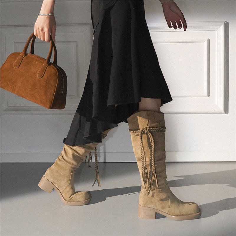 Sheepskin Version ~ Wasteland Retro Style Thick-Soled Boots for Women, Fashionable New Frosted Tassel Hemp Rope Thick Heel High Boots