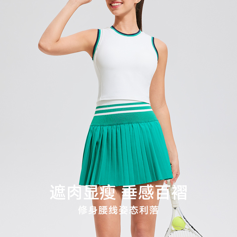 [sports suit] ladies round neck BRA vest high waist color matching breathable quick-drying pleated tennis skirt tights