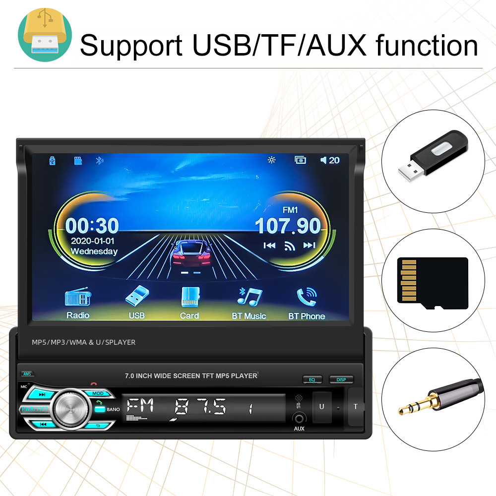 Single spindle 7 inch Telescopic screen car MP5 video player wired carplay function car MP4 reversing image