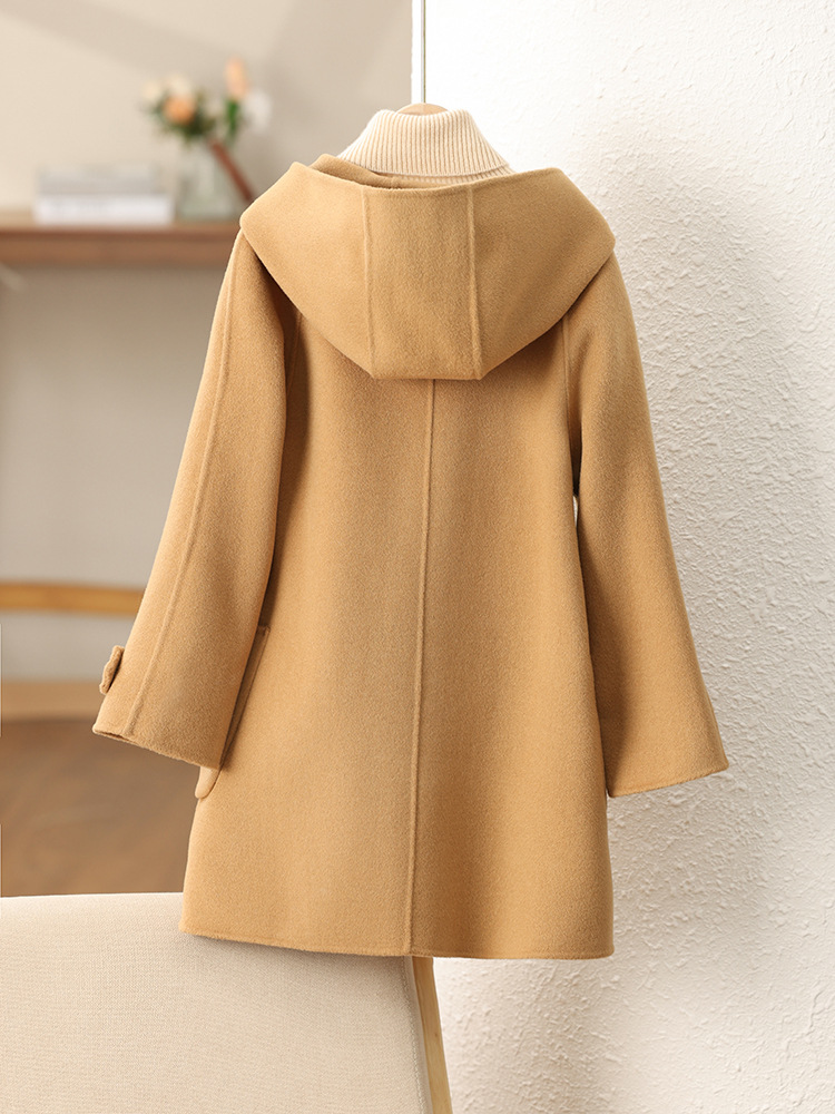 New Korean Style Kidsren's Double-Sided Horn-Button Woolen Outwear for Boys and Girls, Mid-Length Hooded Outwear