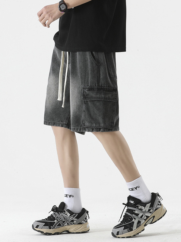 LKTM Men's# American Style High Street Multi-Pocket Tooling Denim Shorts Men's Ins Loose Straight Pants with Loose Waist