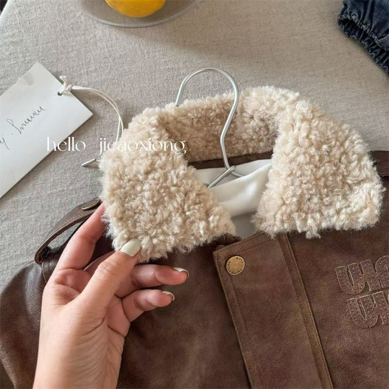 Children's Outwear 2025 Squinting Eyes Winter New Product for Boys and Girls Lapel Thickeneded Leather Jacket Baby Letter Zipper Shirt Trendy