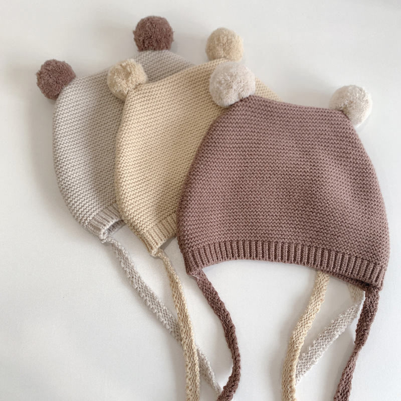ins Autumn and Winter Korean Baby Cute Ball Knitted Hat for Boys and Girls Baby Ear Protection Lace-up Wool Warm Hat