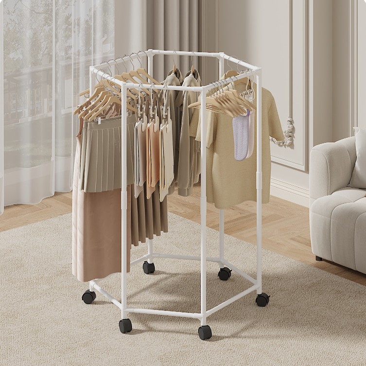 Cross-Border Daily Necessities Clothes Drying Rack Hexagonal Floor-Standing Simple Rotating Clothes Rack Multi-Functional Movable Clothes Storage