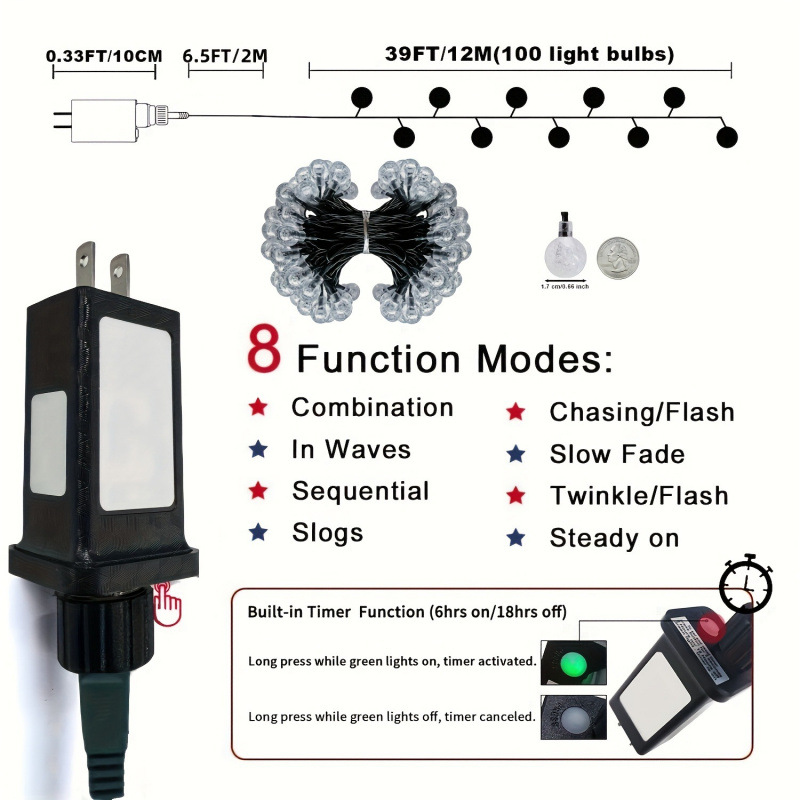 2026 New Cross-Border Dropshipping Crystal Ball String Lights 49 Feet 100Led8 Mode Remote Control Cross-Border