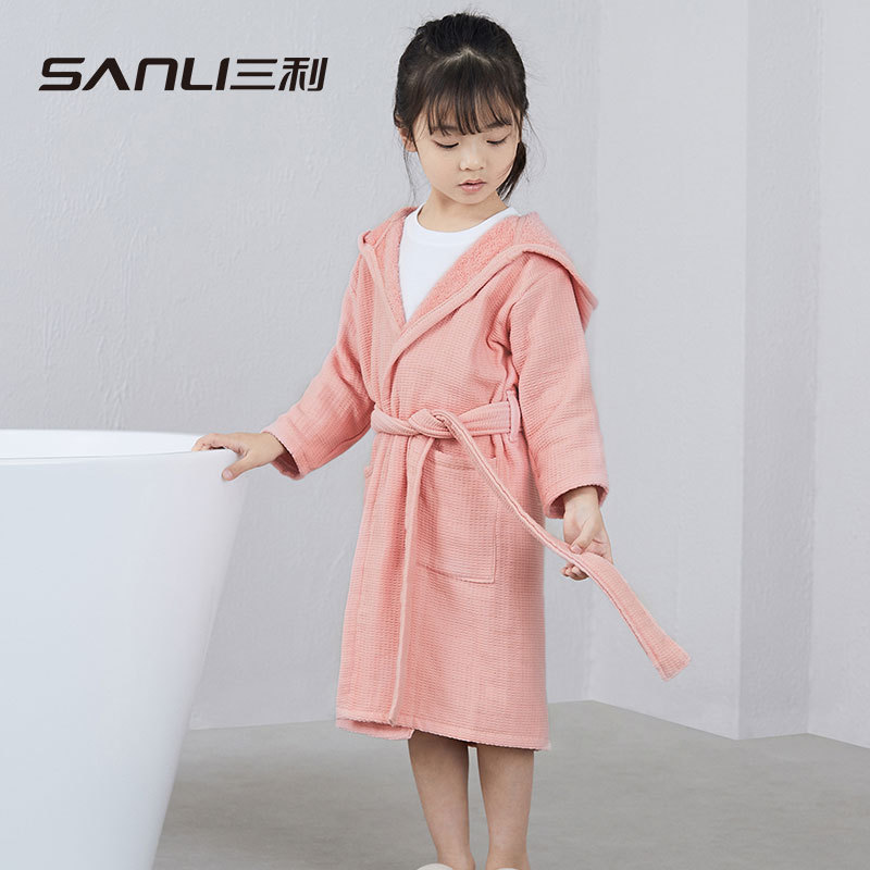 [New Kidsren's Bathrobe] Sanli Towel Cross-Border Cotton Towel Material Nightgown Long-Sleeved Hooded Family Bathrobe Pajamas