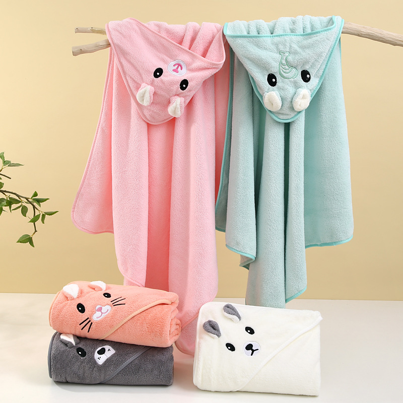Baby Bath Towel Newborn Coated Coral Fleece Hat Cloak Autumn and Winter Baby Blanket Cartoon Embroidered Bathrobe