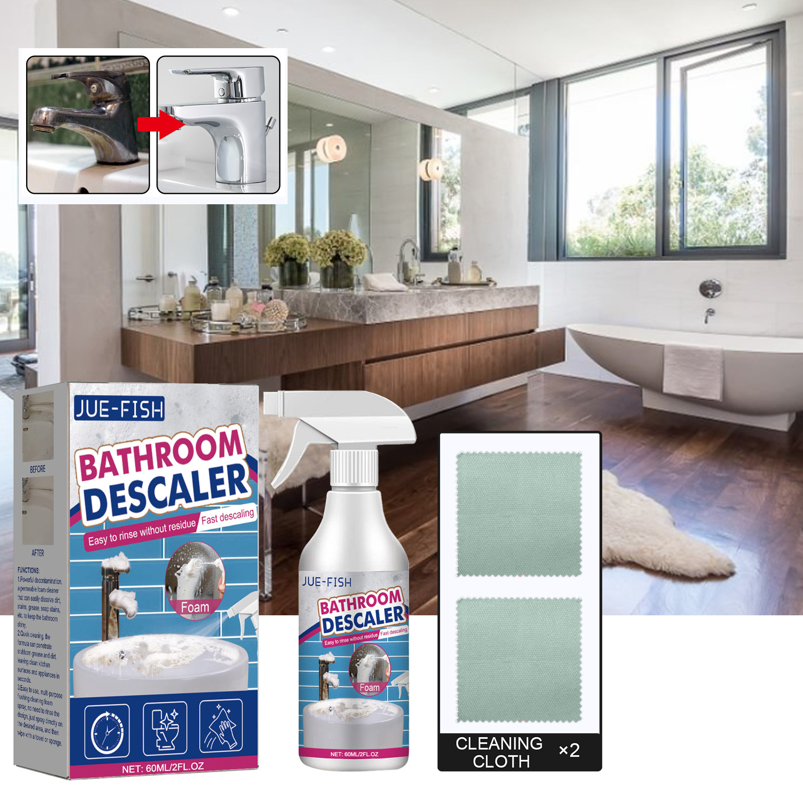 Чистящее средство для ванной Jue Fish, нержавеющая сталь, удаление загрязнений, чистка душевой, ванной, стекла