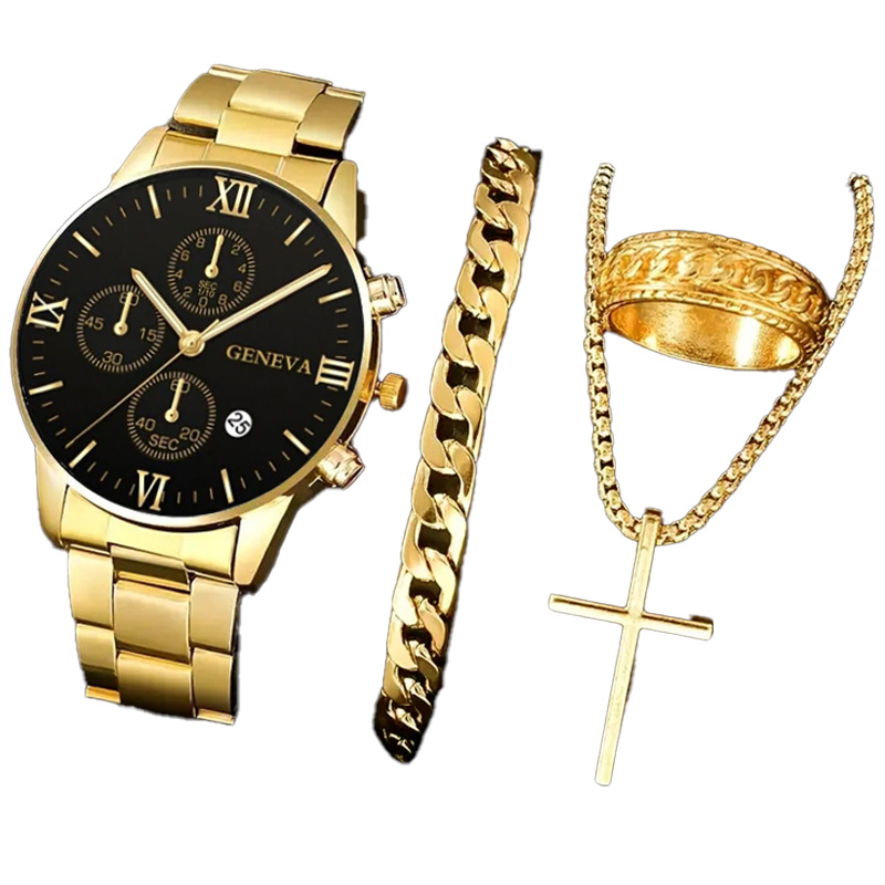 Cross-Border Popular Wholesale Calendar Steel Band Men's Watch Fashion Business High-End Quartz Watch Jewelry Set for Men