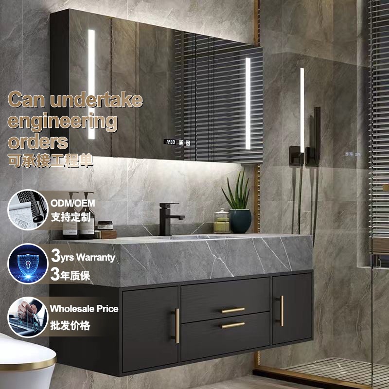 Светлая роскошная плитка, туалетный шкаф с интегрированной раковиной, массивное дерево, современный простой стиль