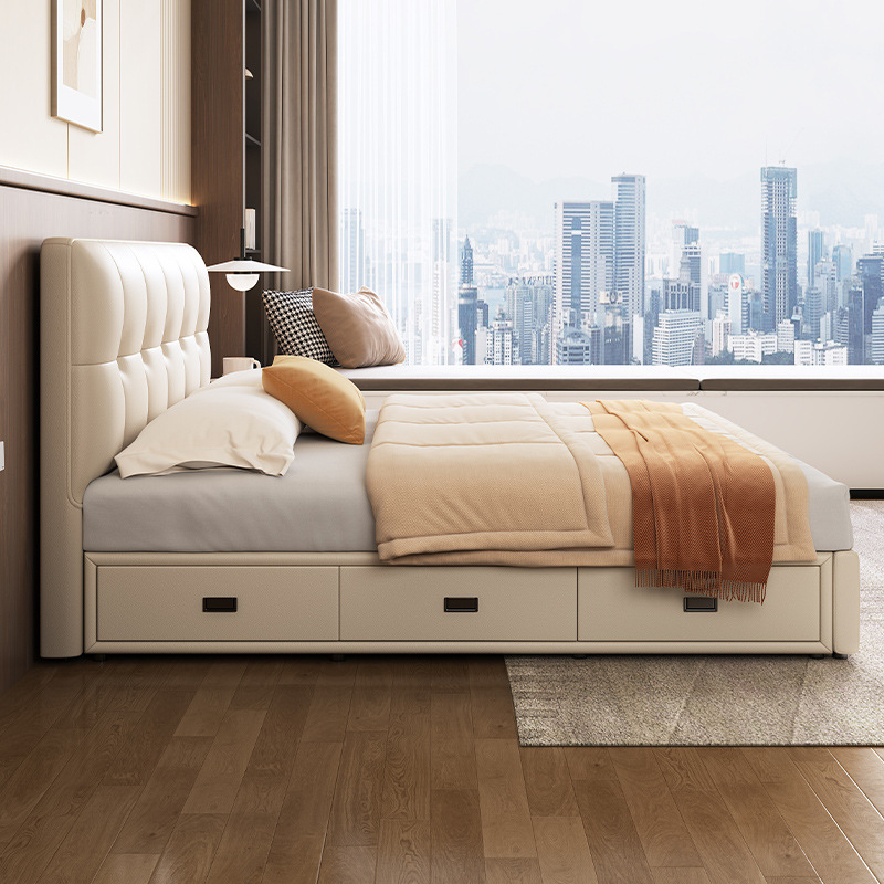 Cream Style Leather Bed Thin Headside Bed Italian Style Minimalist Small Apartment Modern Simple Double Bed Three-pumping Storage Floor-Standing Bed