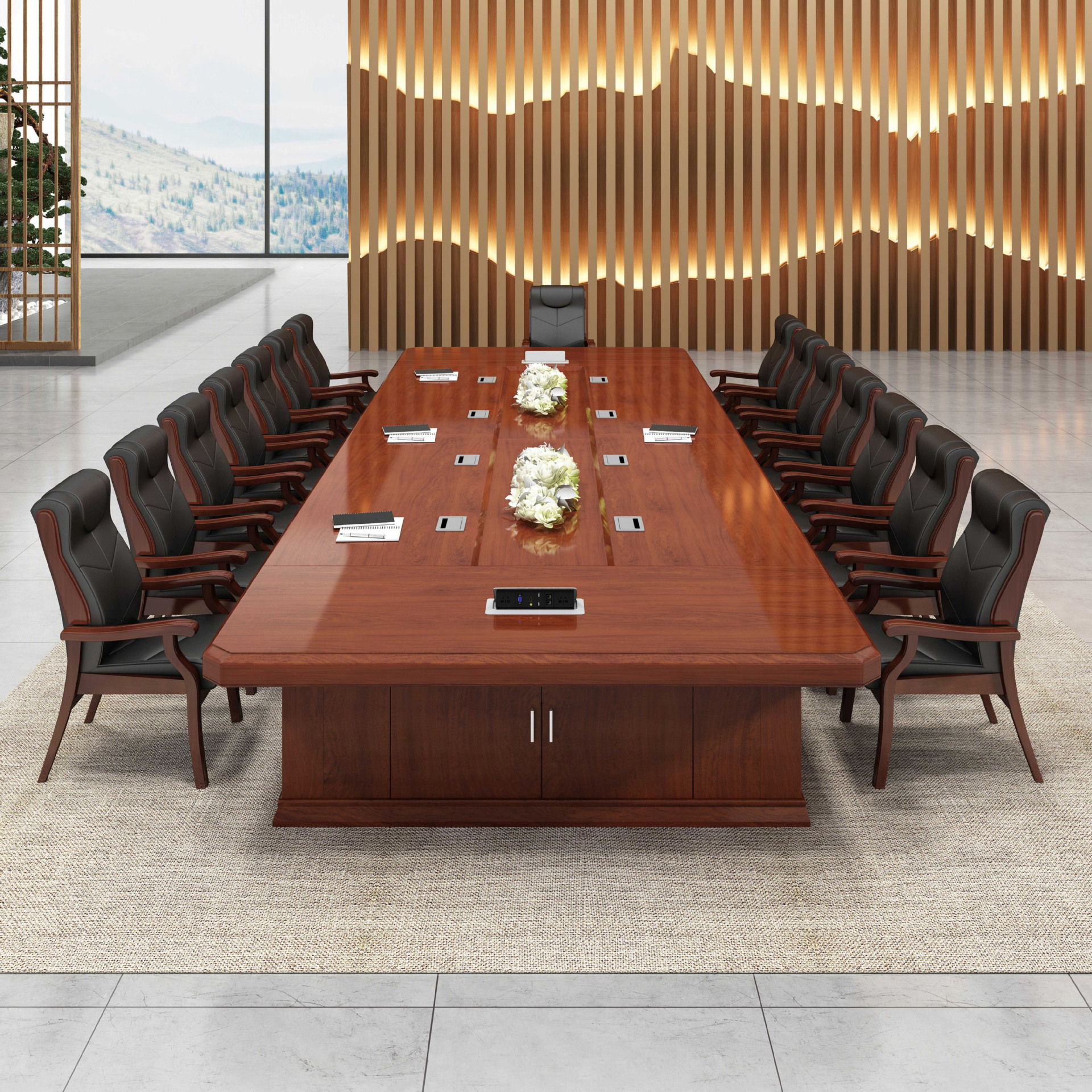 Chinese Painted Solid Wood Leather Large Conference Table Long Table Commercial Conference Room Negotiation Company Rectangular Conference Table