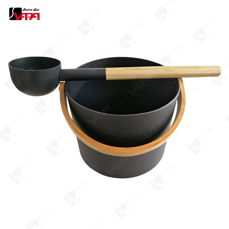 Factory Direct sales sauna black aluminum barrel aluminum spoon round spoon sauna room bamboo handle aluminum barrel aluminum spoon 7L spraying