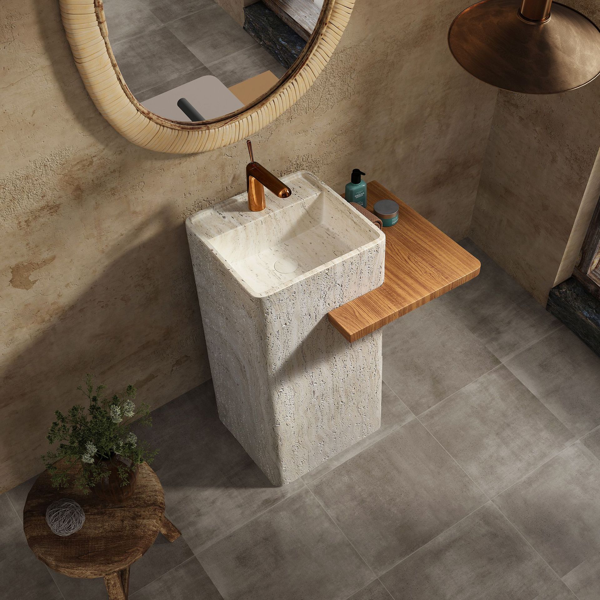 Medieval Wind Tunnel Stone Column Basin Integrated Floor-Standing Designer Square Creative Washbasin with Stainless Steel Table Top
