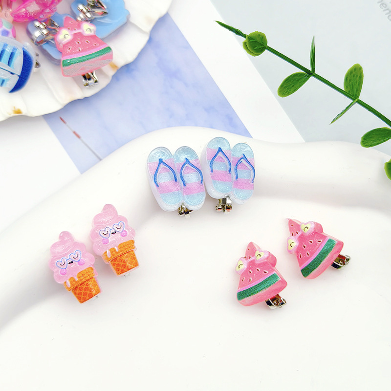 [Can] New Kidsren's Pierced Earrings Beach Ocean Cartoon Resin Anti-Pain Ear Clip Little Girl Earrings