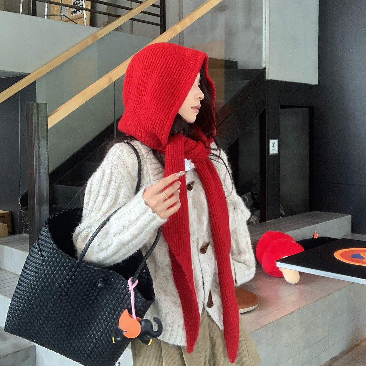 Модная шапка из шерстяной смеси, интегрированная балаклава, вязаная шапка с теплым шарфом