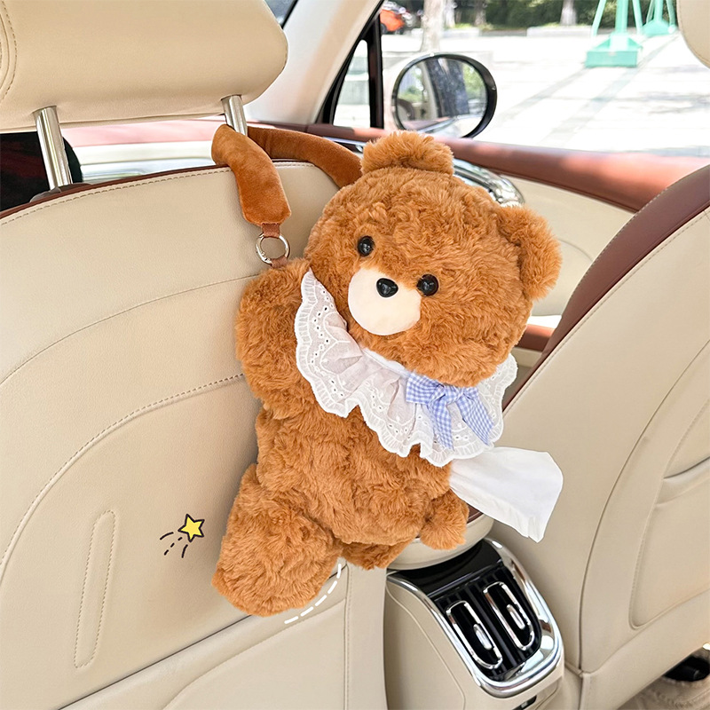 New Cartoon Car Tissue Box Plush Cute Bear Car Hanging Tissue Box Car Interior Decoration Tissue Hanging Bag