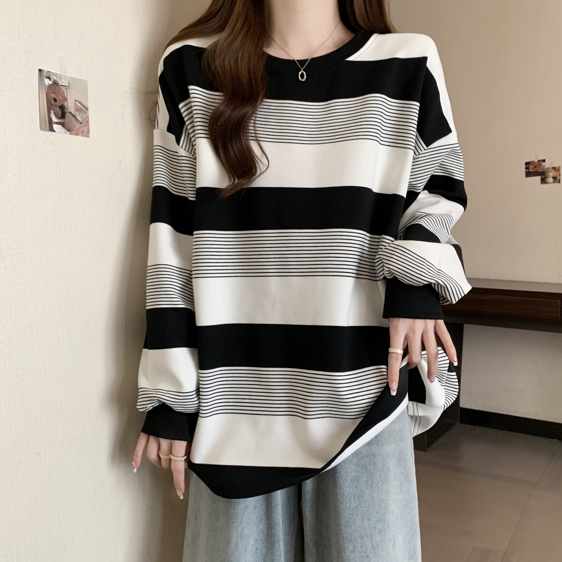 2025 New Spring and Autumn T-shirt Women's chubby girl Loose Slim Top Women's plus size Striped Long Sleeve Thin Retro Sweatshirt