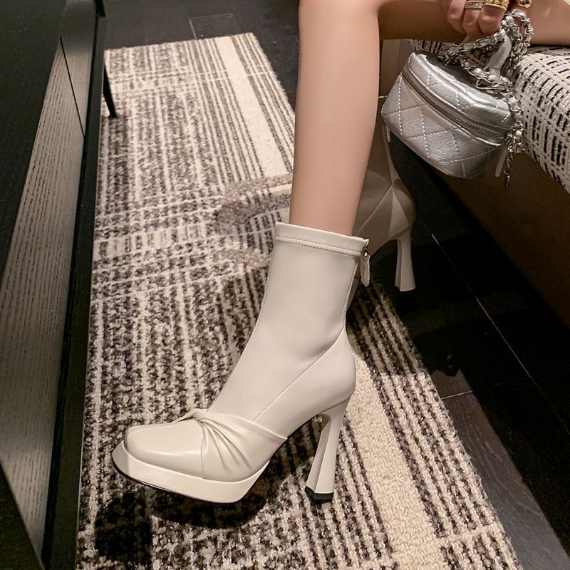 Autumn and Winter High Heels Women's Square Head Thick Heel High Heel Bow Platform Ankle Boots Women's creamy-white Black Stretch Boots