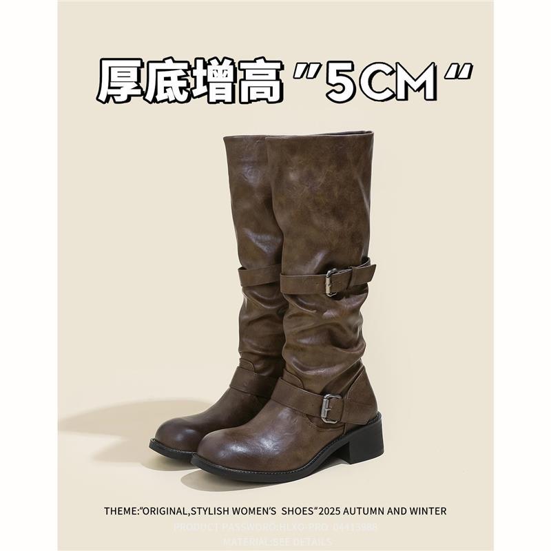 Sheepskin ~ Retro Double-Button Western Boots for Women 2025 New Versatile Distressed Knight Boots Thick-Soled Boots for Women Autumn