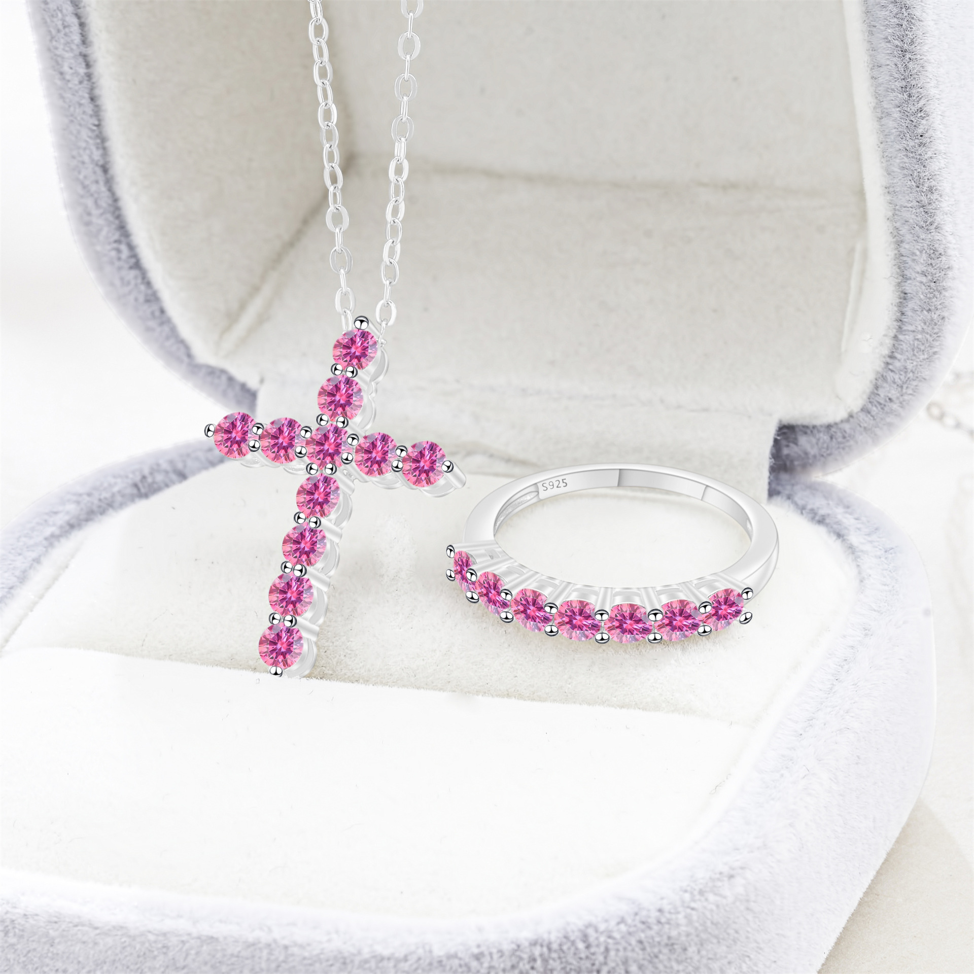 Cross-Border Exclusive S925 Silver Moissanite Necklace + Ring with Certificate, Sparkling Fire-Colored Diamond, Cross-Border Hot Sale