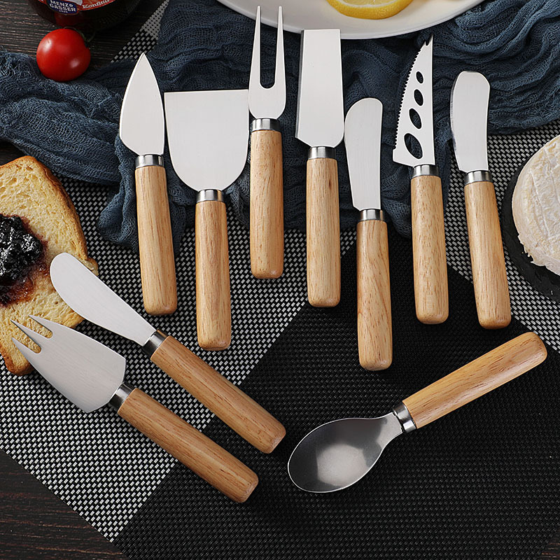 Cross-border in stock Stainless Steel Cheese Tool Rubber Wooden Handle Cheese Knife Cheese Knife Household Burease Knife and Fork