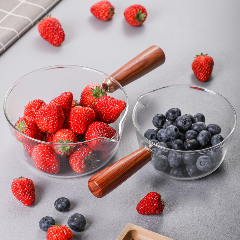 Wholesale Glass wooden handle small milk pot instant noodle pot household small soup pot salad pot open fire instant noodle bowl Hot Milk Cup