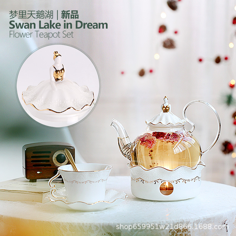 Afternoon Tea Set European Style Tea Set Candle Boiling Tea Stove British Style Tea Set Glass Fruit Teapot Flower Teapot Set