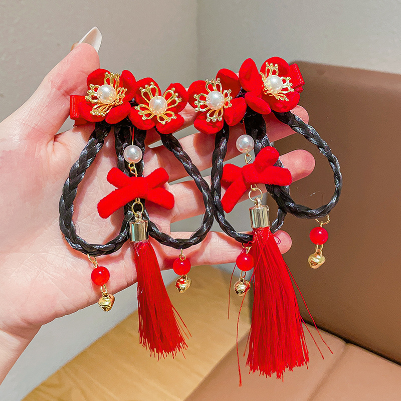 Hanfu Hair Accessory for Children, New Year Ancient Style Hairpin, Chinese Style Red Bow Tassel, Girls' Hair Clip for Stray Hair