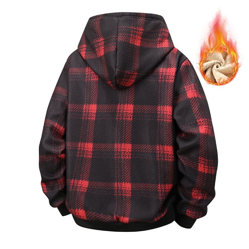 2025 Winter Plaid Hooded Polar Fleece Fleece-Lined Thickeneded Warm American Casual Couple Outdoor Sports Men's Outerwear