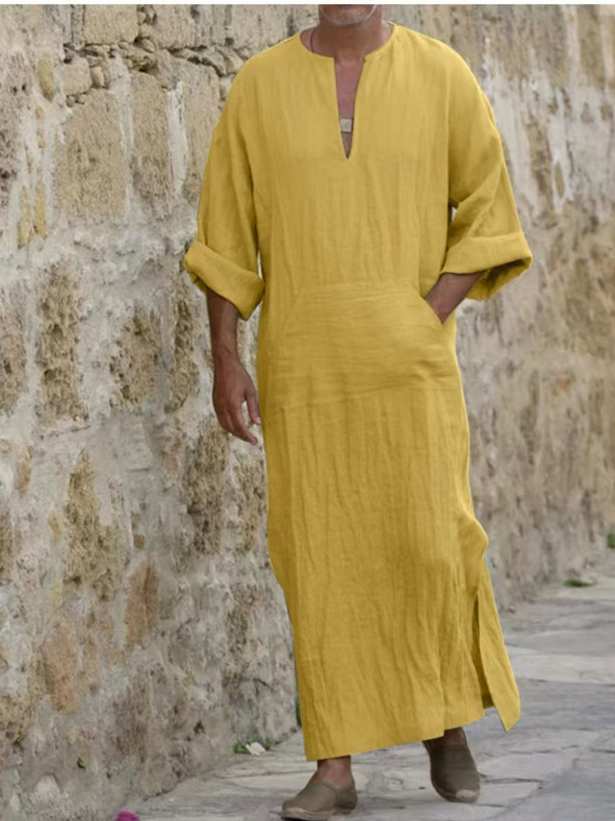 2024 cross-border Amazon new men's long cotton and hemp T Middle East long large T long sleeve Middle East hot