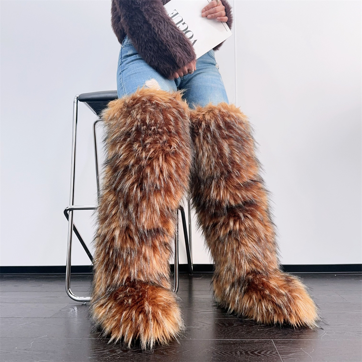 Super High-Quality Imitation Shearling Snow Boots, Imitation Raccoon Fur and Fox Fur Thigh High Boots