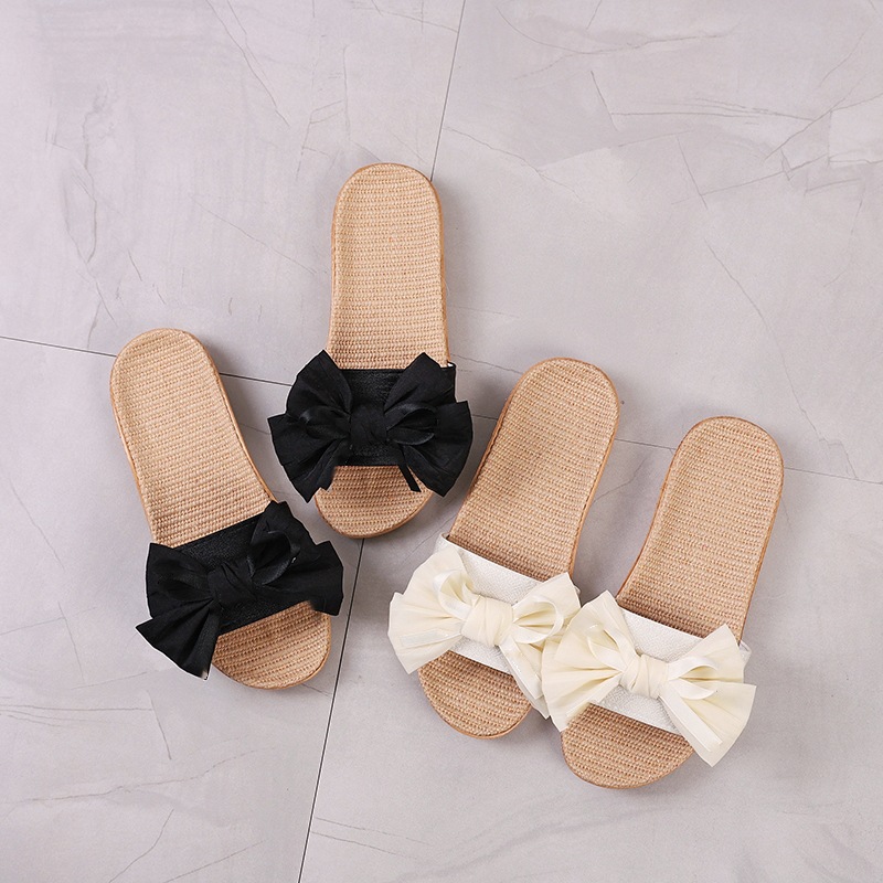 Slippers Women's Summer Indoor and Outdoor Home Floor Non-Slip Office Slippers Home Cute Bow Linen Slippers