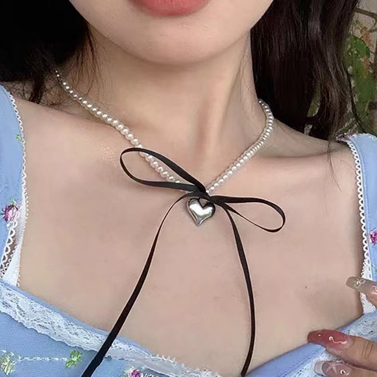 French Baroque Style Accessible Luxury Double-Layer Pearl Necklace Metal Heart Bow Ribbon Necklace Clavicle Chain for Women