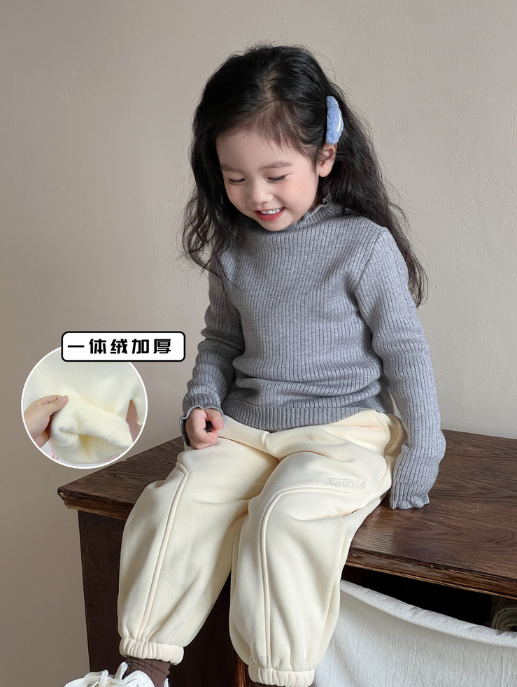 New Autumn and Winter Children's One-Piece Fleece Sweater, Warm Fleece-Lined Knitwear, Korean-Style Lace Collar Base Shirt, Children's Clothing for Babies