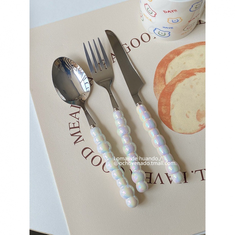 Gradient pearl handle tableware stainless steel ceramic spoon Fork Western food knife, fork and spoon combination home restaurant
