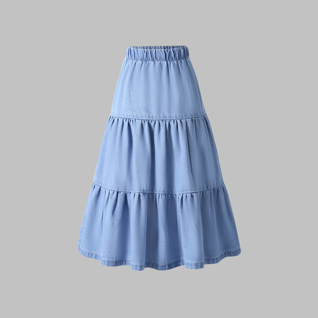 Кросс-бодерный ретро эластичный пояс сшитая джинсовая юбка для женщин весна и лето 2025 узкая длинная А-образная юбка многоуровневая