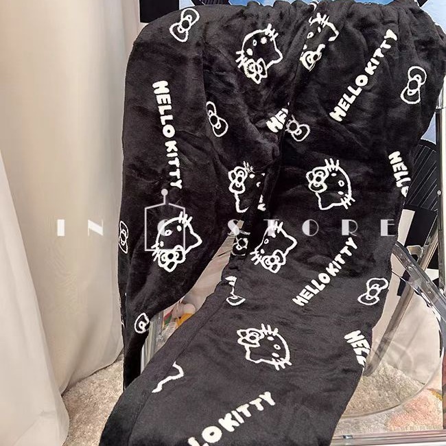 Foreign Trade Cartoon KT Cat Printed Pajama Pants Thick Women's Coral Fleece Autumn and Winter Home Casual Flannel Pajama Pants Outer Wear