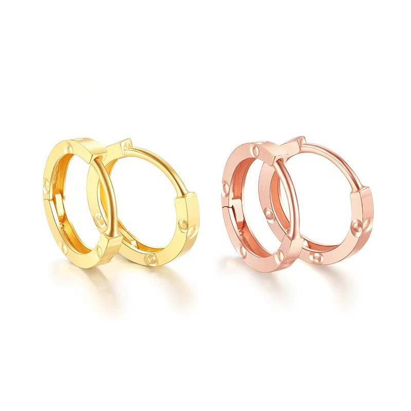 Qianxin Jewelry 18K Gold Round Six-Fortune Earrings, Feminine and Elegant Au750 Earrings, Double-Ring Buckles
