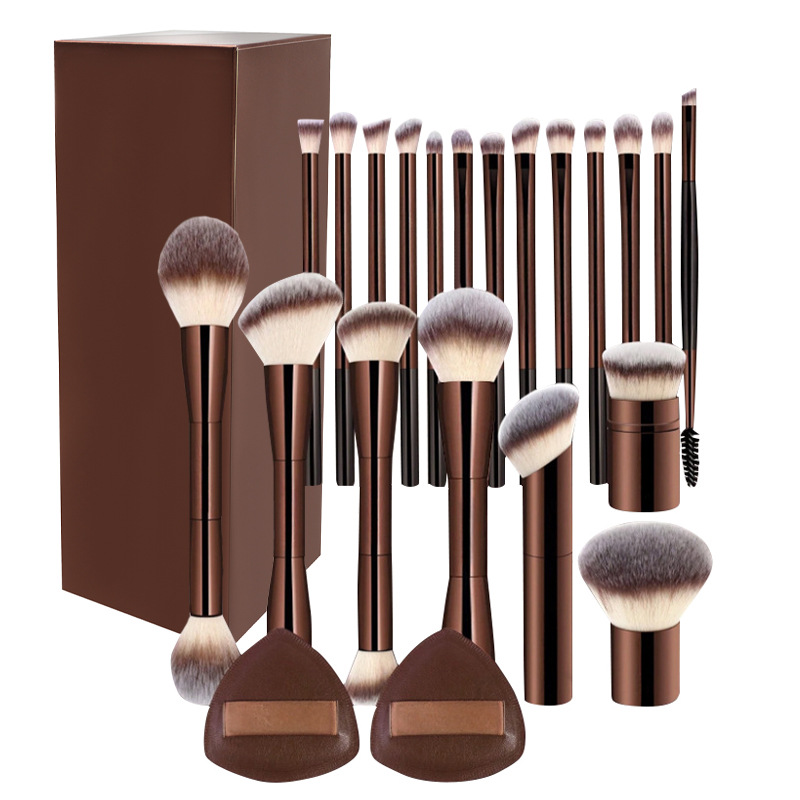 20-Piece Coffee-Colored Aluminum Tube Makeup Brush Set with Mushroom Head Powder Brush, Retractable Makeup Brush, and Non-Absorbent Powder Puff