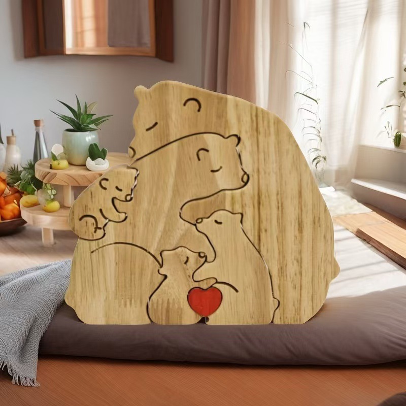 Cross-border New Wooden Puzzle Mother and Son Cross-legged Bear Warm Family Solid Wood Home Decoration Handmade Art