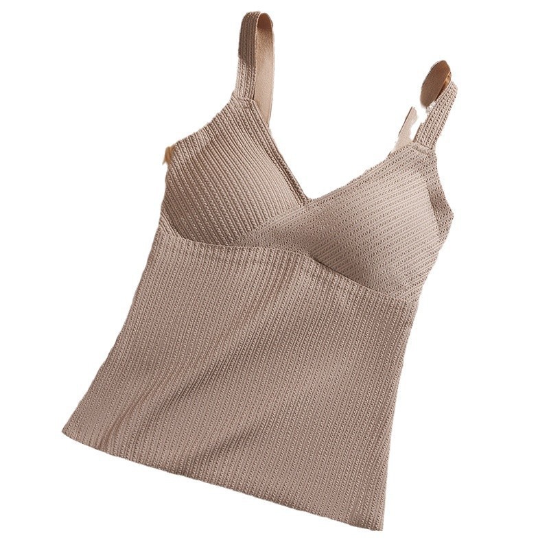 Autumn and Winter Thermal Long Vest with Warm Velvet Texture, Integrated with Chest Pad, V-Neck Base Top for Women